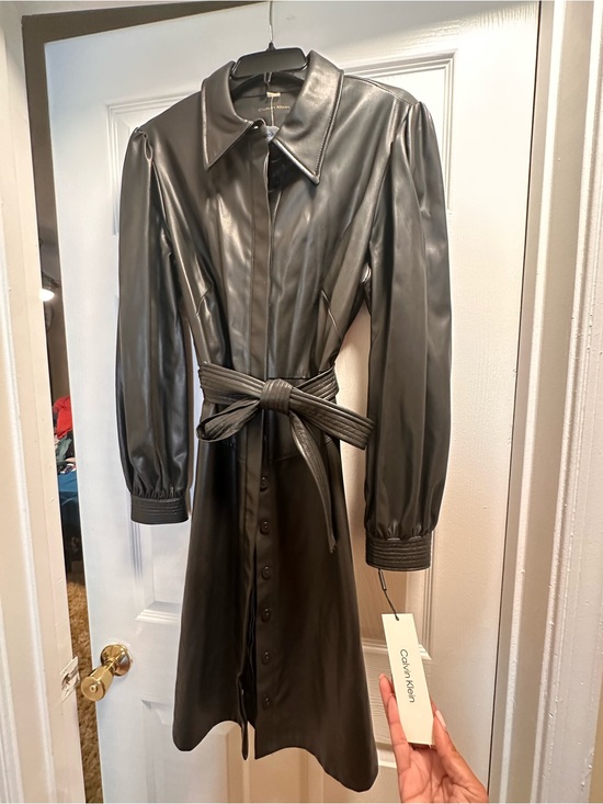 Calvin Klein Jackets & Blazers - Calvin Klein Black Faux Leather Belted Midi Trench